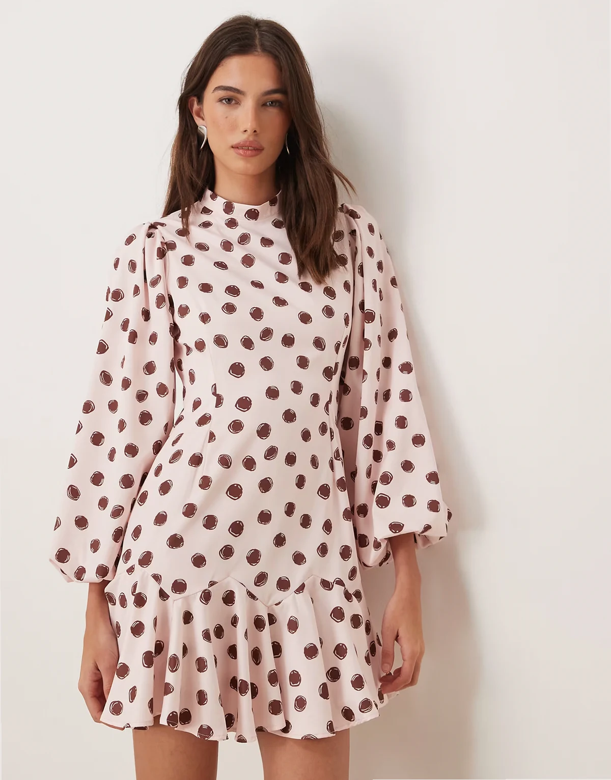 exclusive high neck balloon sleeve dropped ruffle hem mini dress in pink polka-dot print