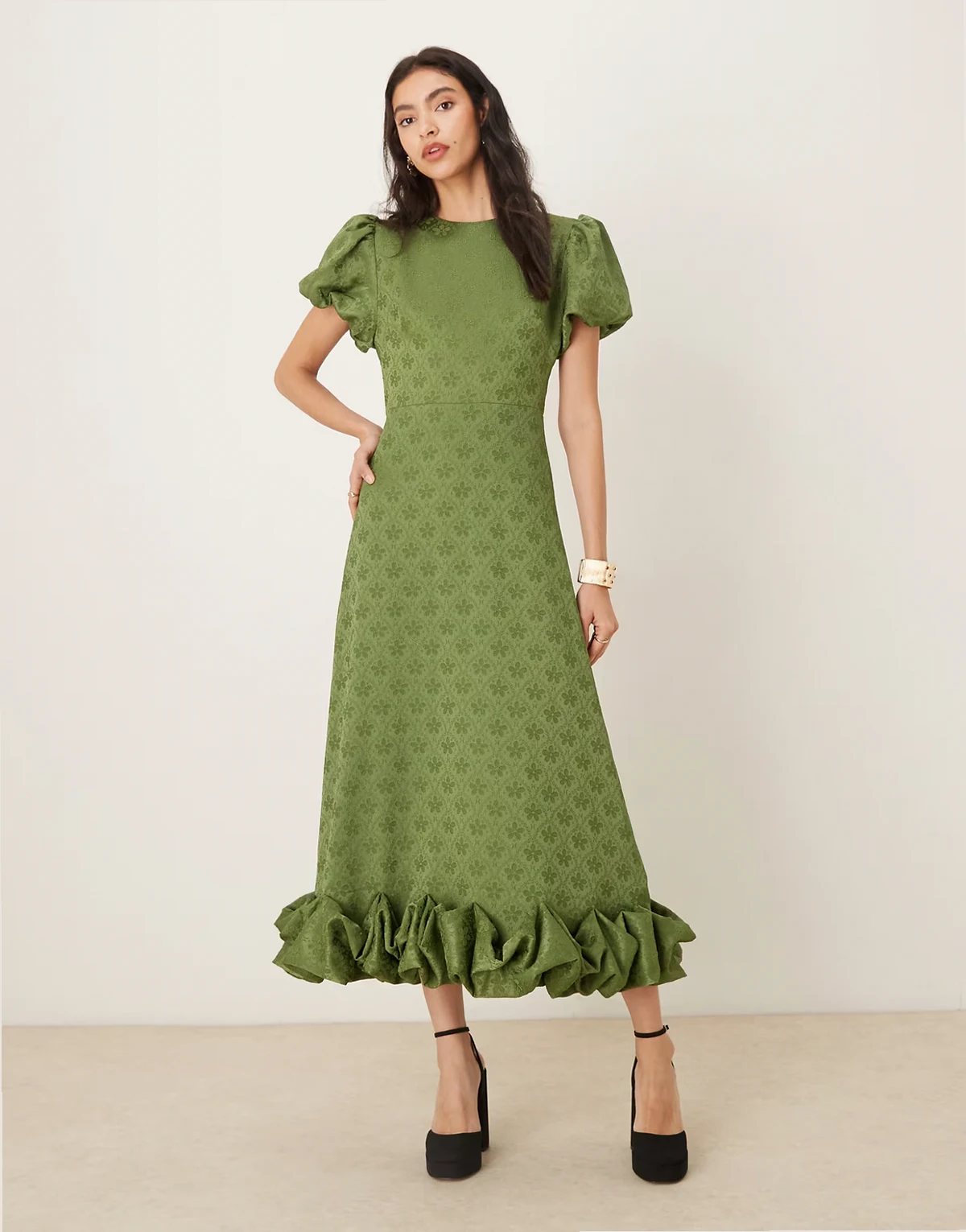 jacquard puff sleeve ruffle hem midaxi dress in khaki green
