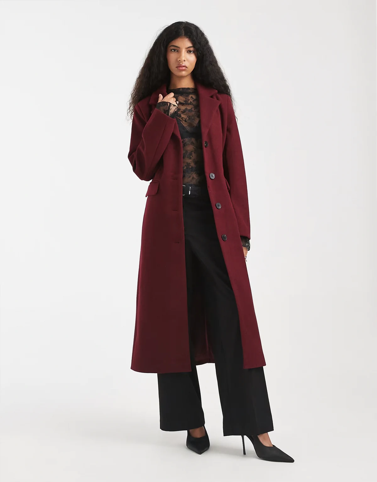 maxi formal coat in burgundy