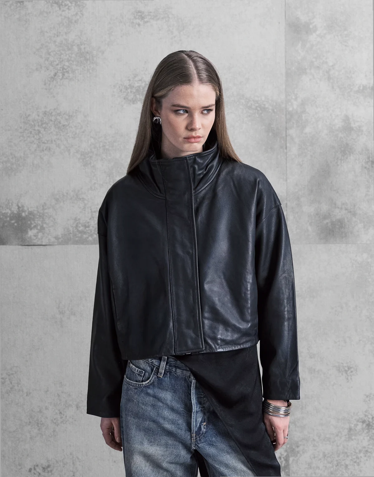 Ryder funnel neck relaxed leather jacket in black
