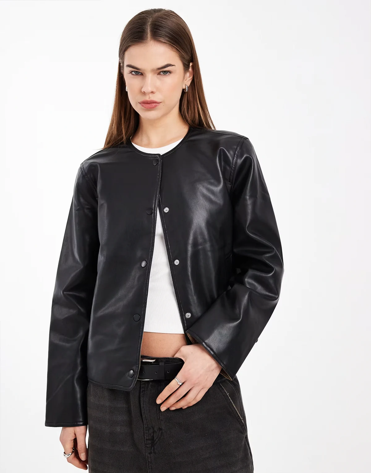 collarless faux leather short jacket with quilted lining in black