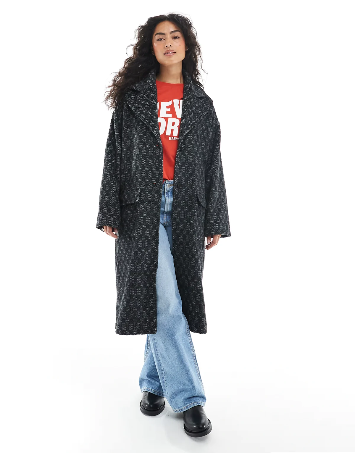 – Longline-Mantel in Grau mit Fischgrätmuster
