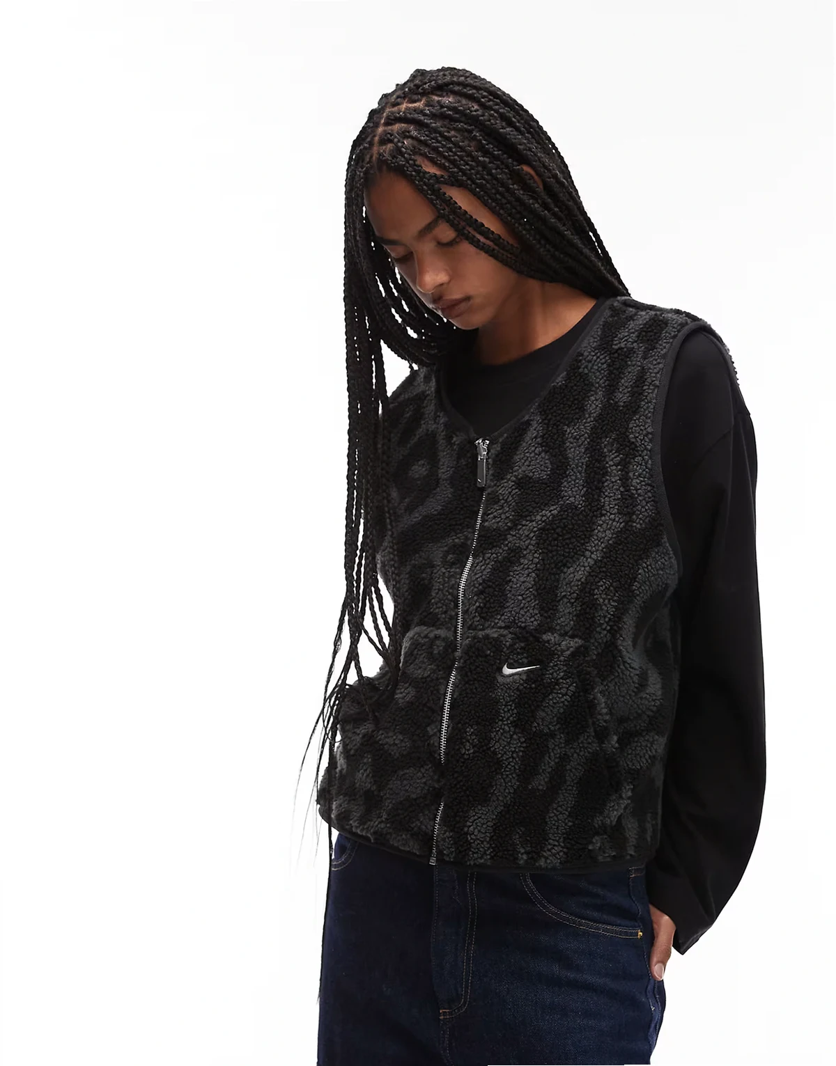 Street reversible sherpa vest in black and leopard print