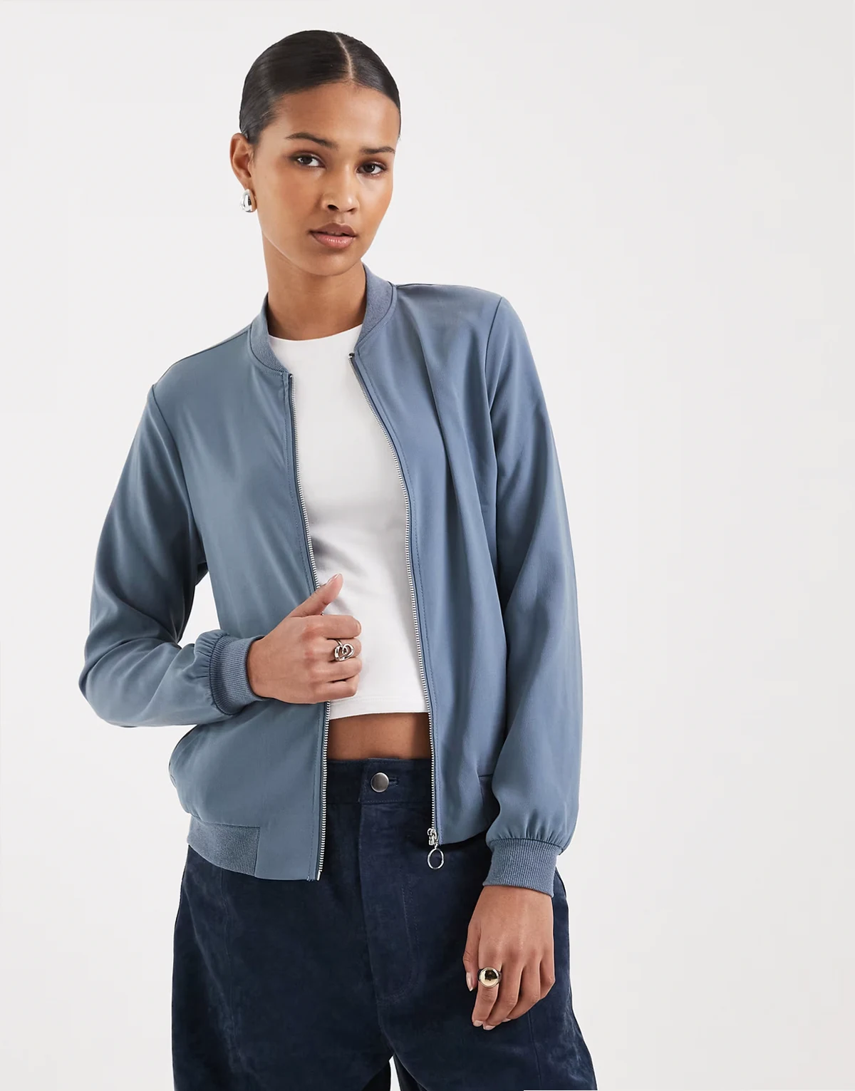 lightweight zip front bomber jacket in china blue