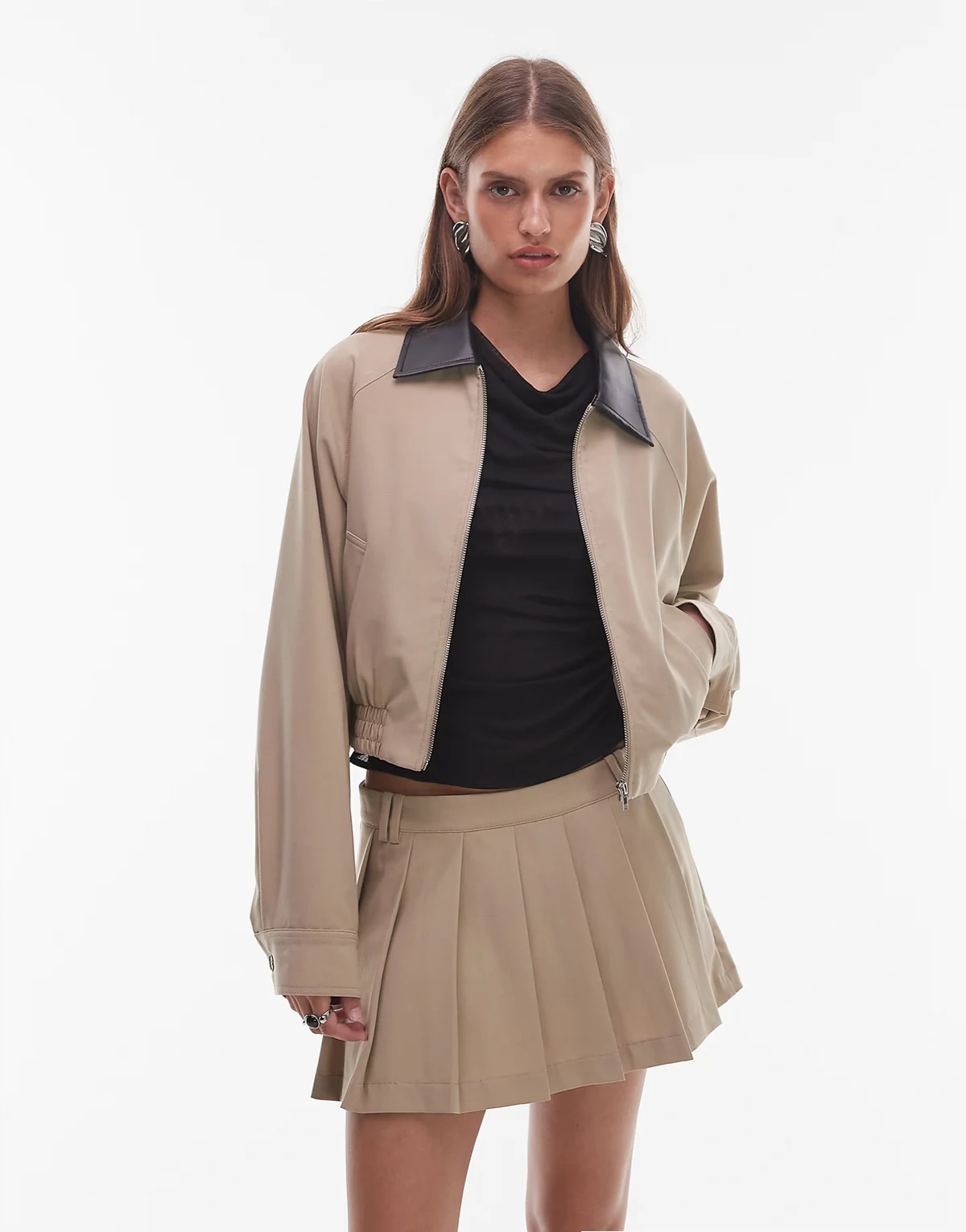 Daniel cropped bomber jacket with collar in khaki