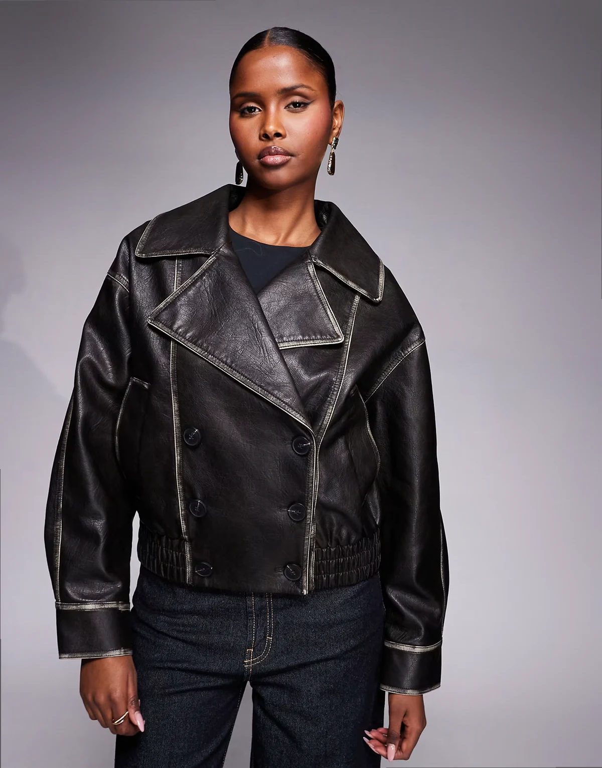 faux leather cropped trench jacket in black