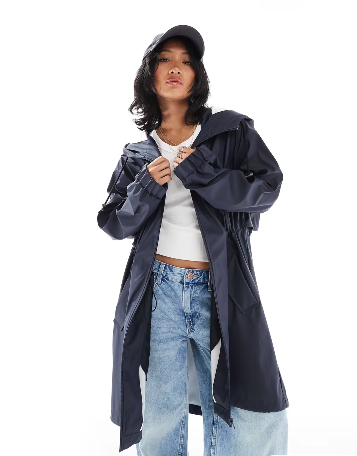 ASOS DESIGN Petite contrast detail rubberized rain parka in navy
