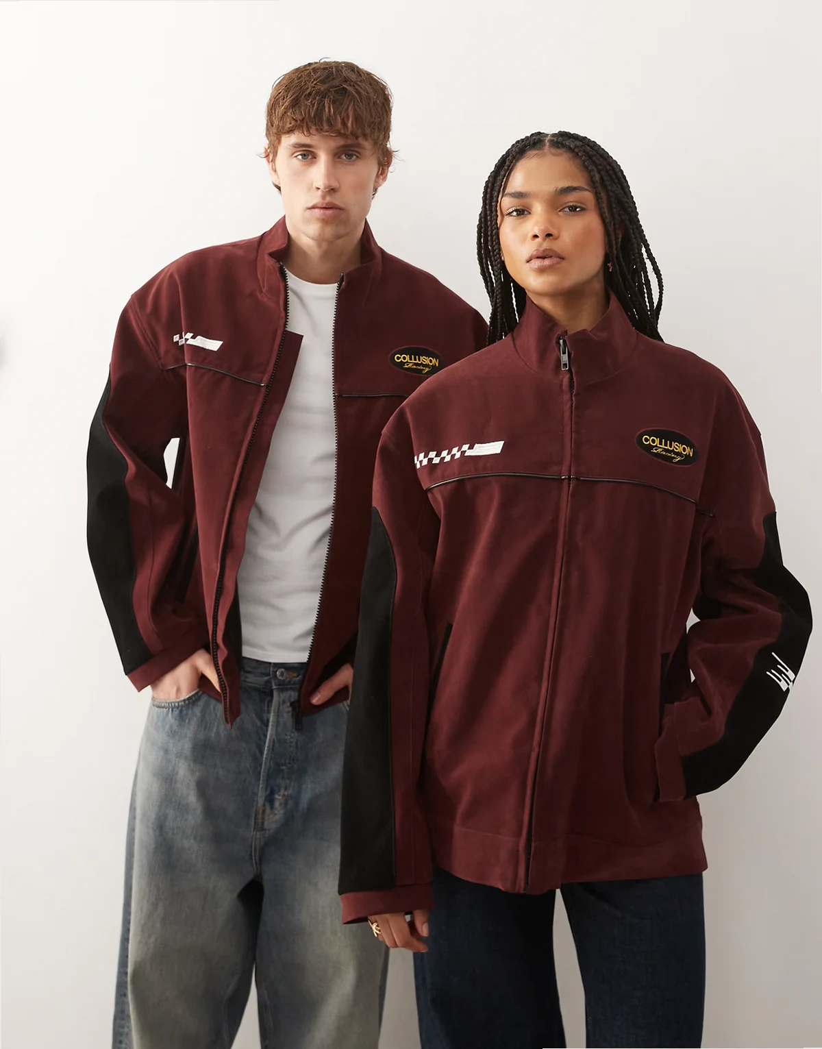 Unisex – Sportjacke aus Wildlederimitat in Burgunderrot und Schwarz