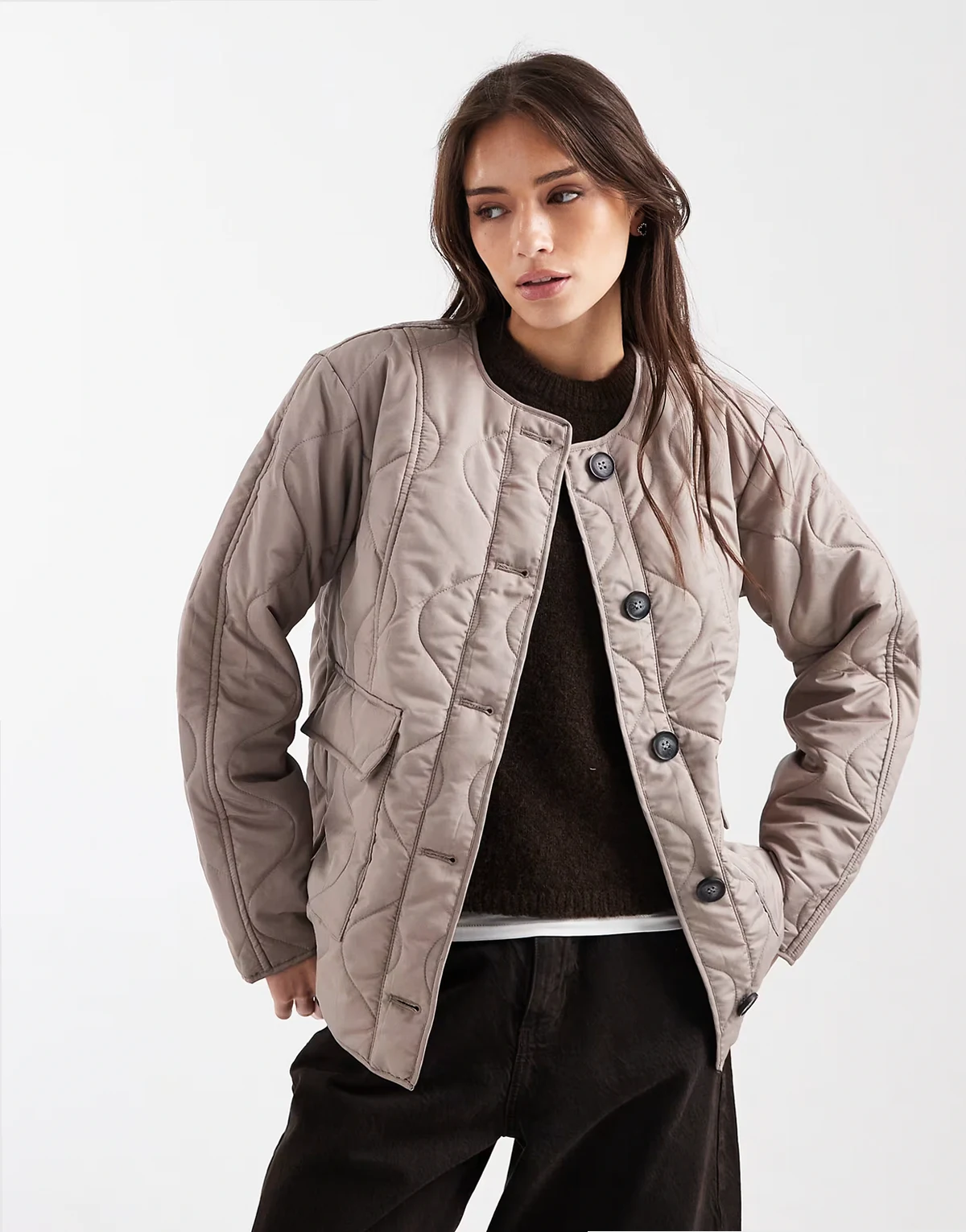 onion quilted short jacket with pockets in moonrock