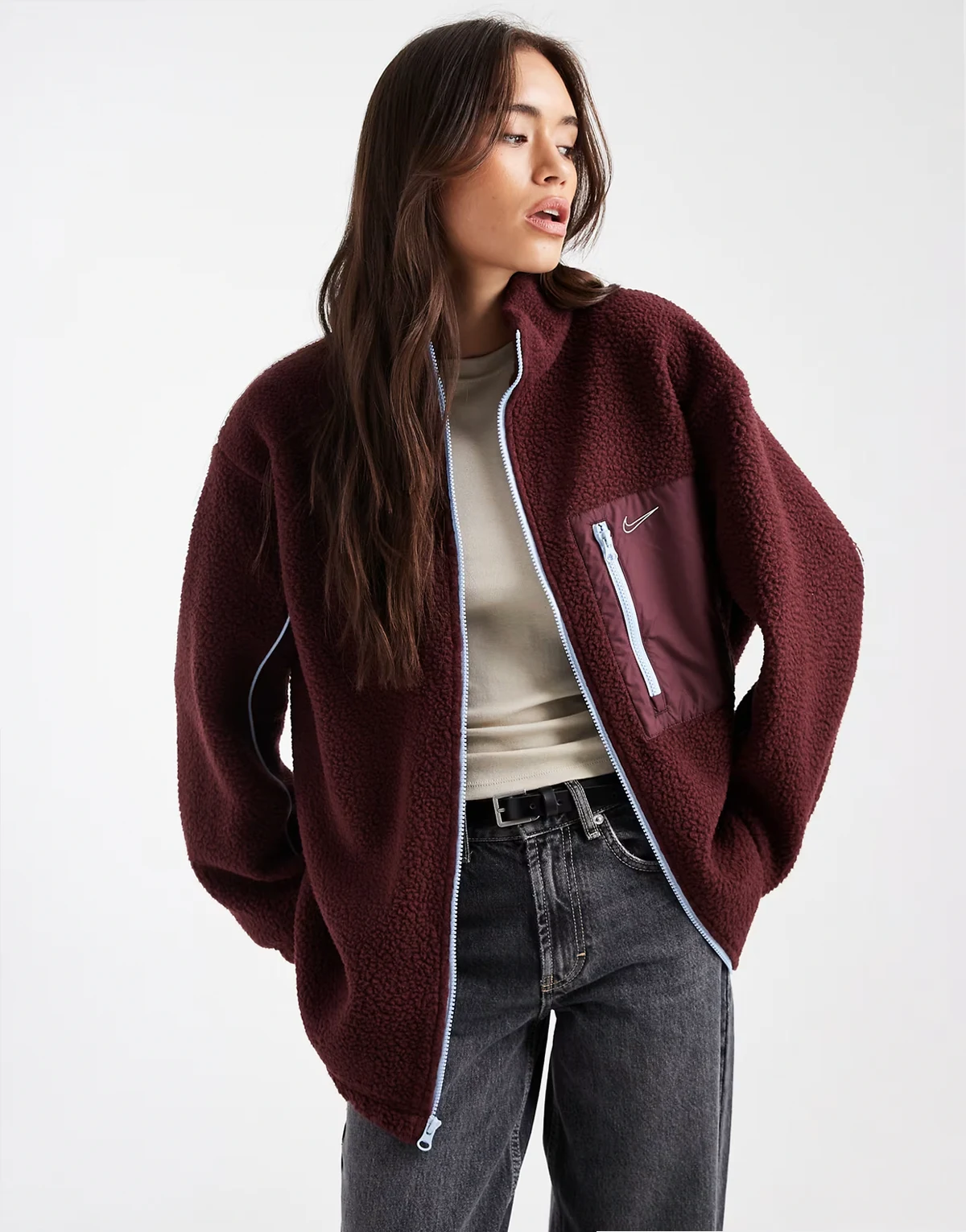 teddy fleece jacket in burgundy and blue