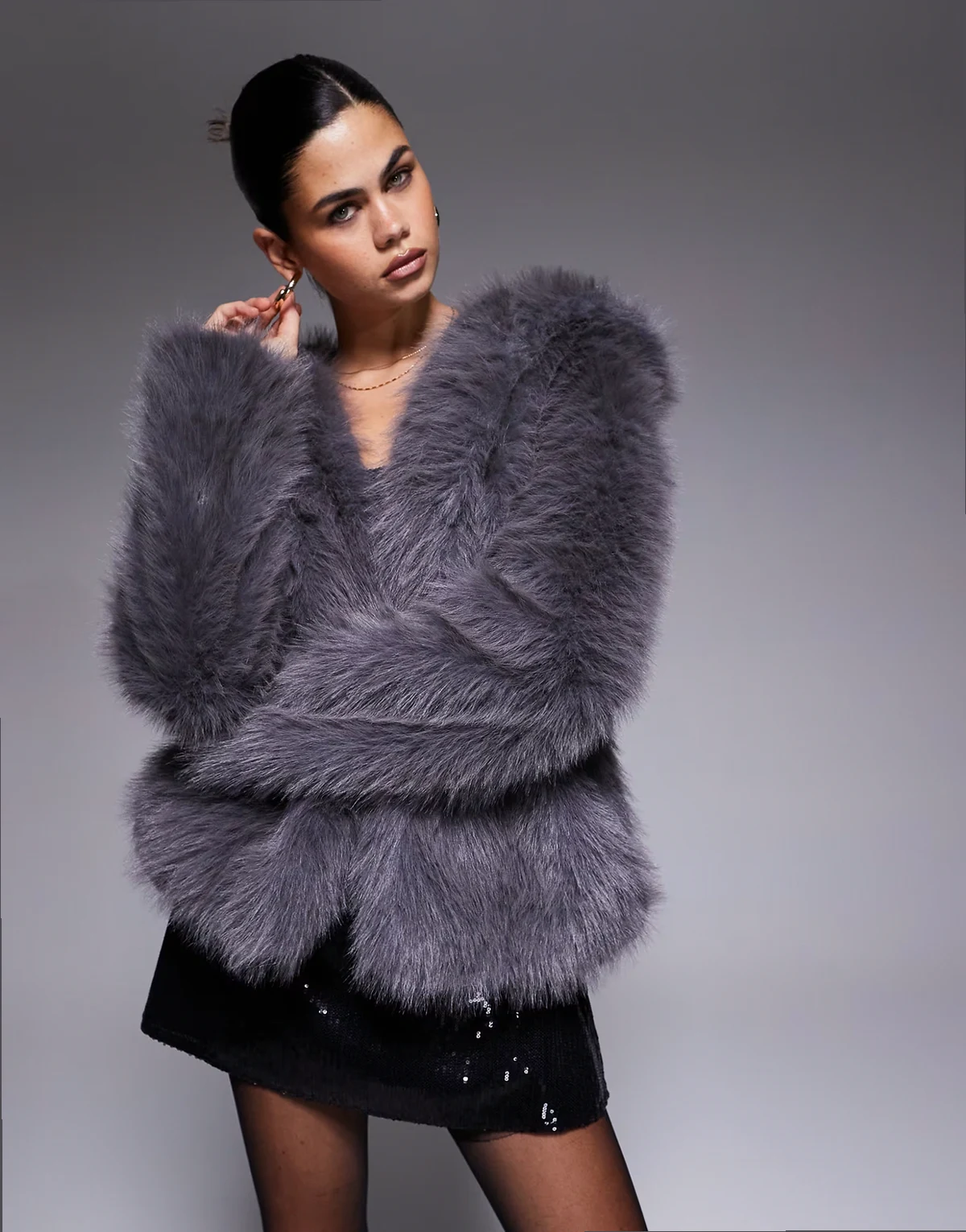 exclusive faux fur hooded jacket in dark gray