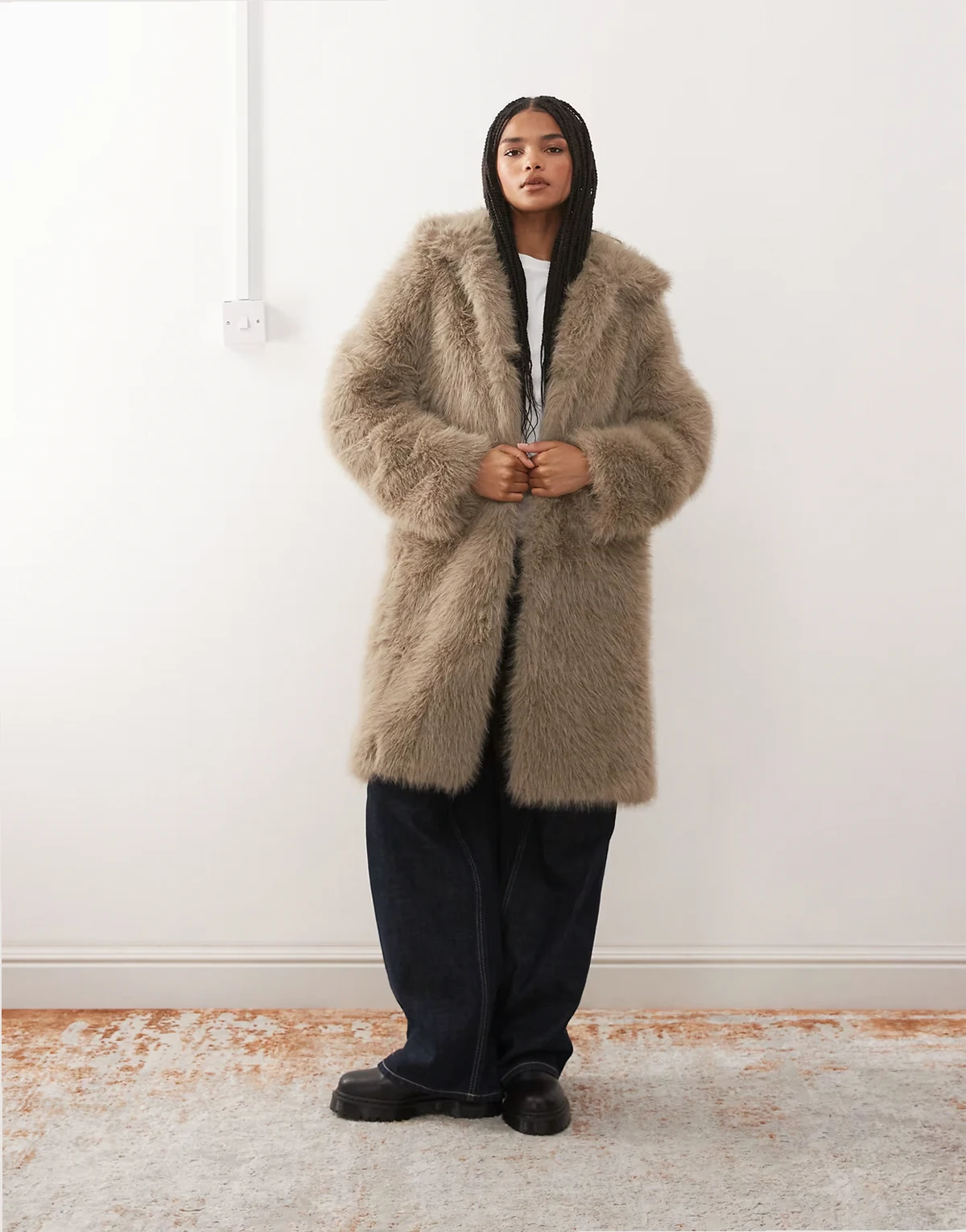 faux fur coat in silver gray