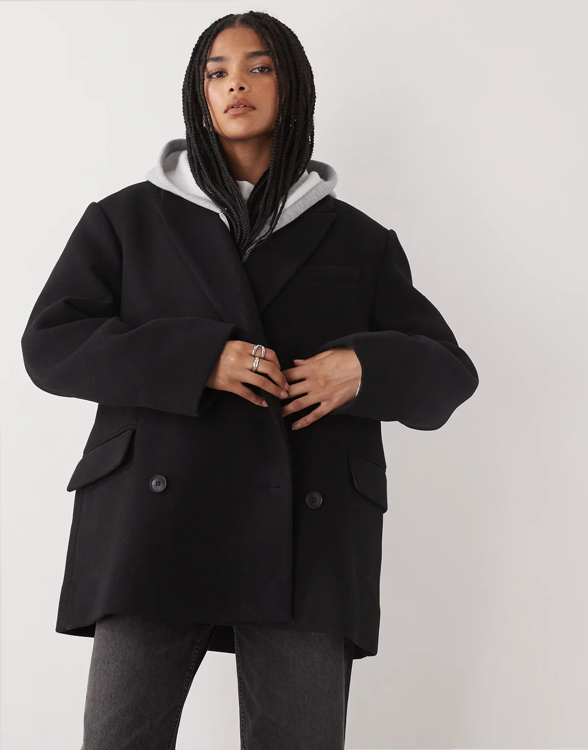 – Zweireihige Blazer-Jacke aus Wollmix in Schwarz mit Oversize-Schnitt