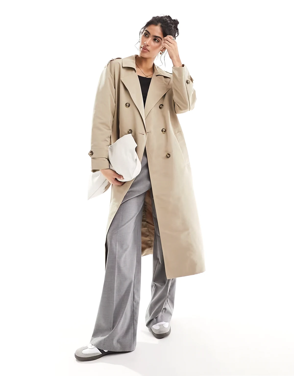 longline belted trench coat in stone