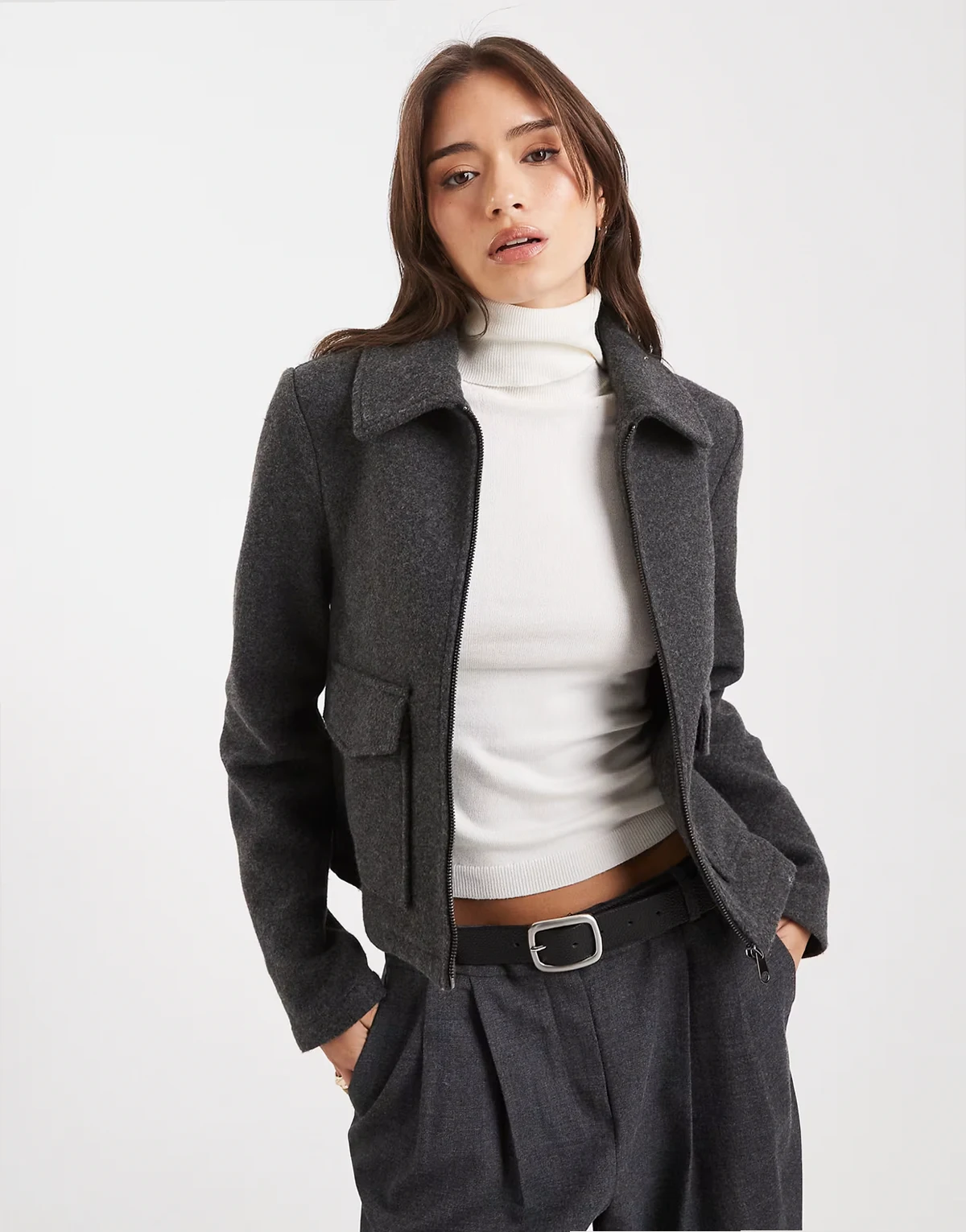 cropped felt jacket with pockets in dark heather gray