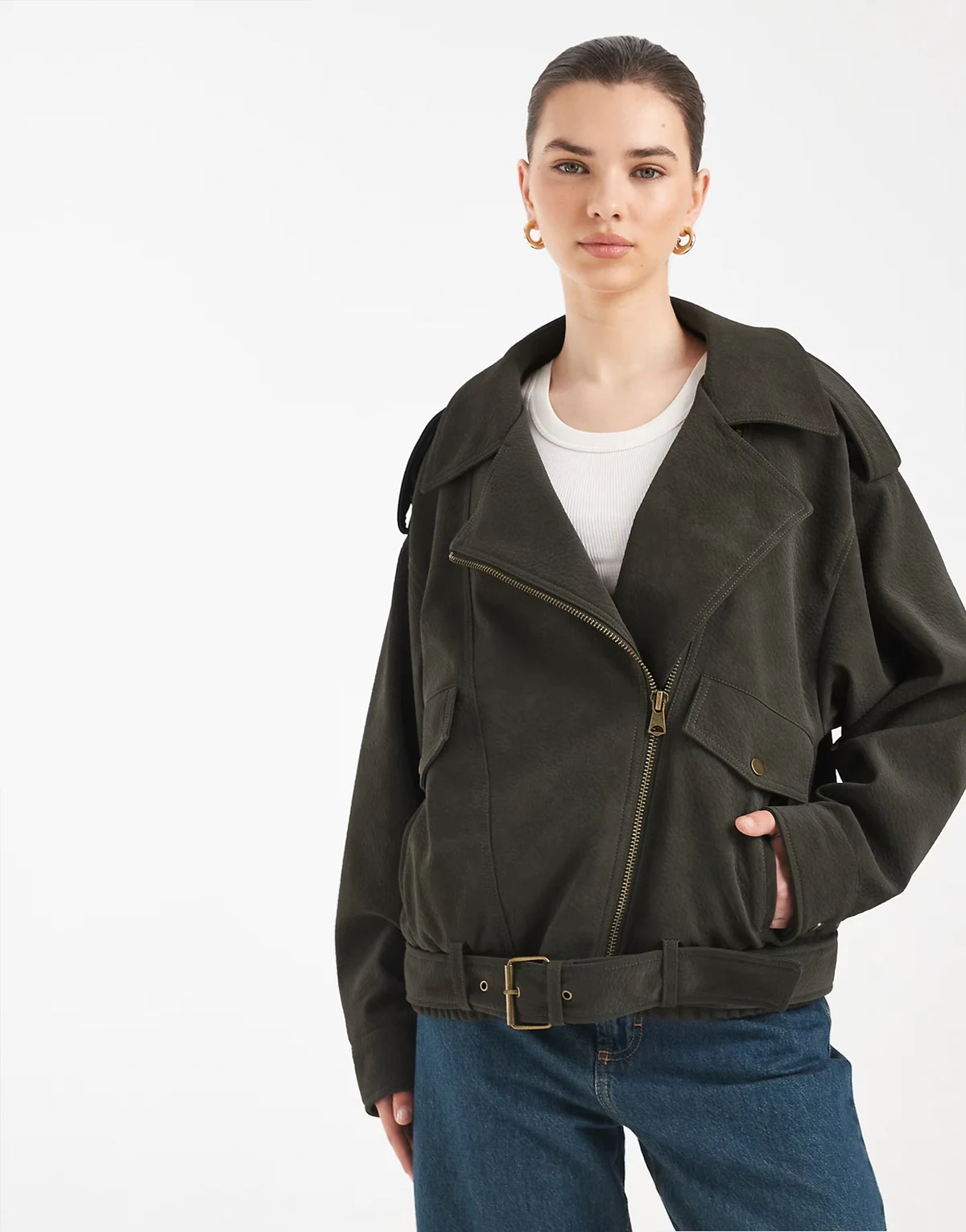 – Kurtka typu biker oversize z imitacji skóry