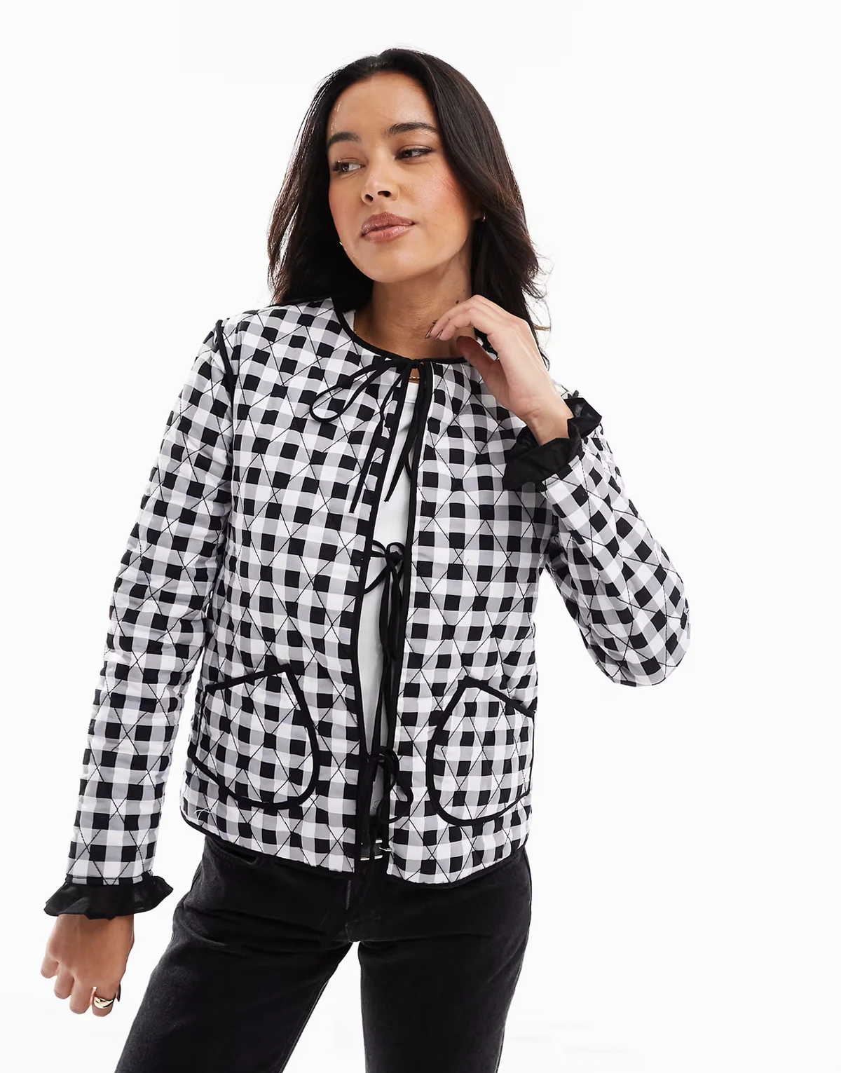 quilted tie front jacket in black gingham