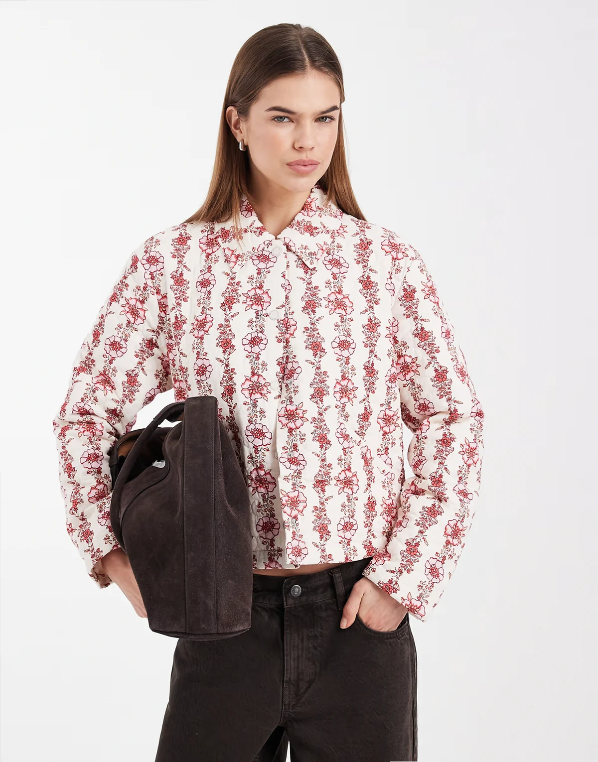 – Steppjacke in Cremeweiß mit rosa Blumenmuster
