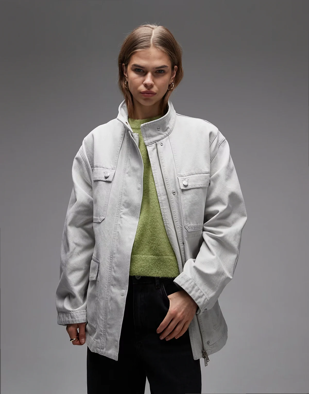 – Workwear-Hemdjacke aus Denim in Wollweiß mit Stehkragen