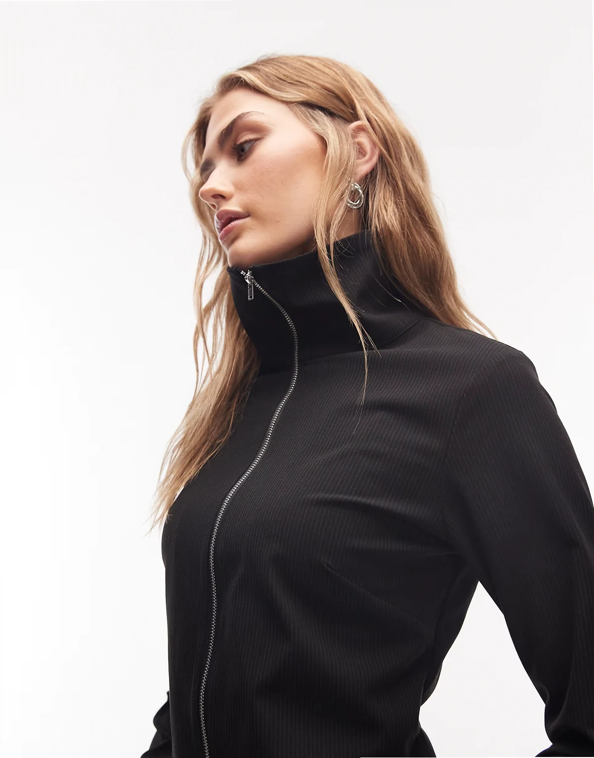 zip up shirt in black pinstripes - part of a set