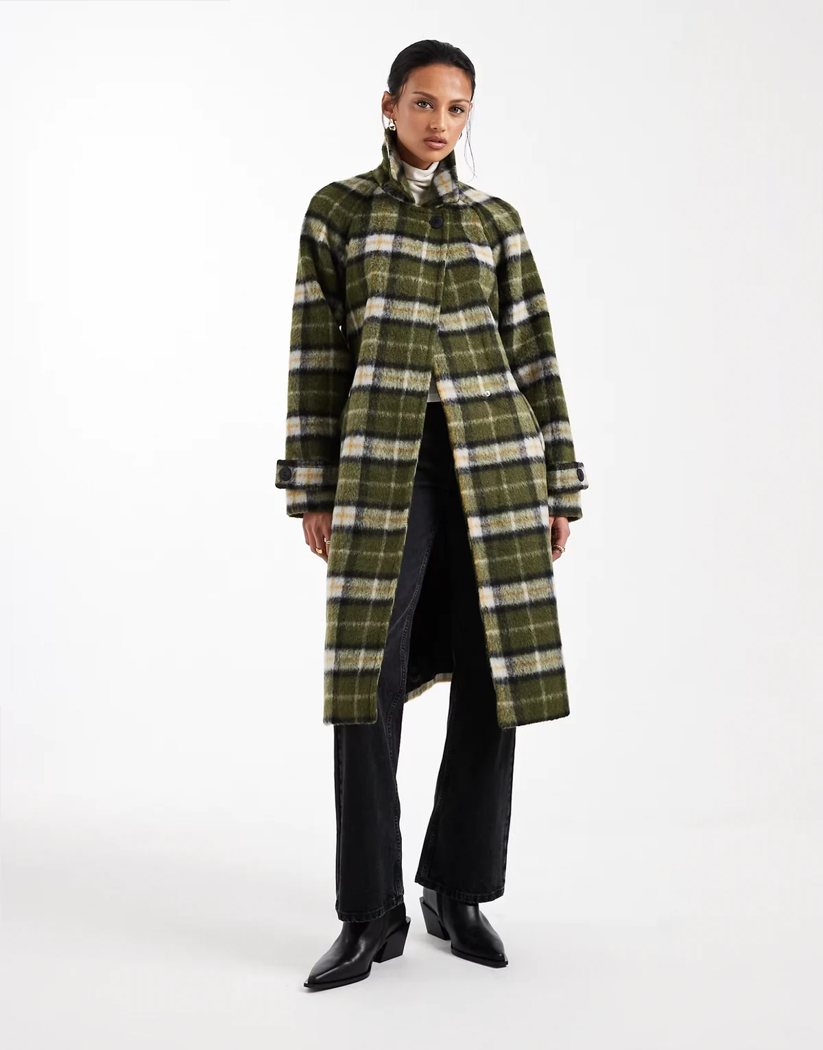 brushed formal belted coat in khaki-green plaid print