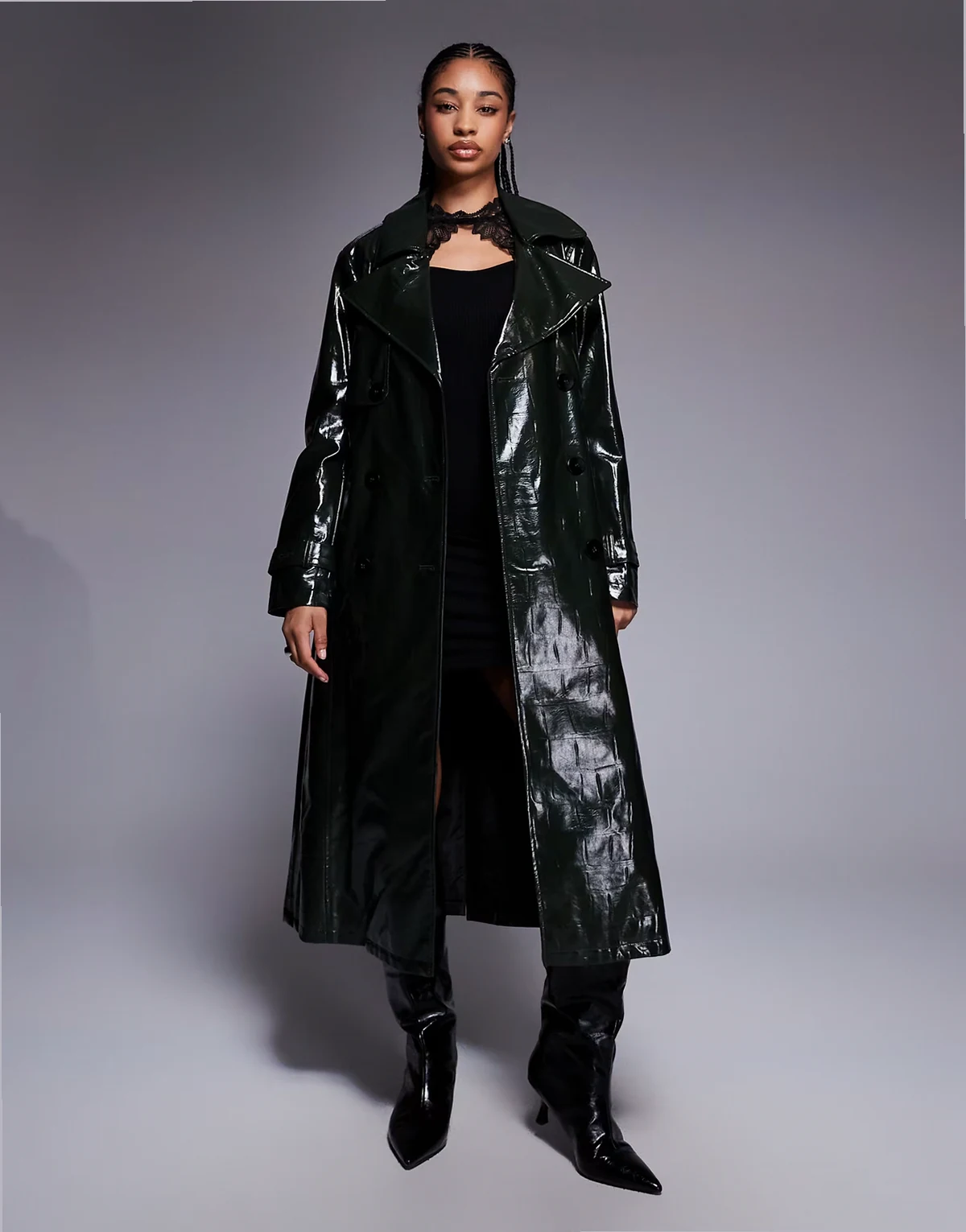 faux leather croc trench coat in dark green