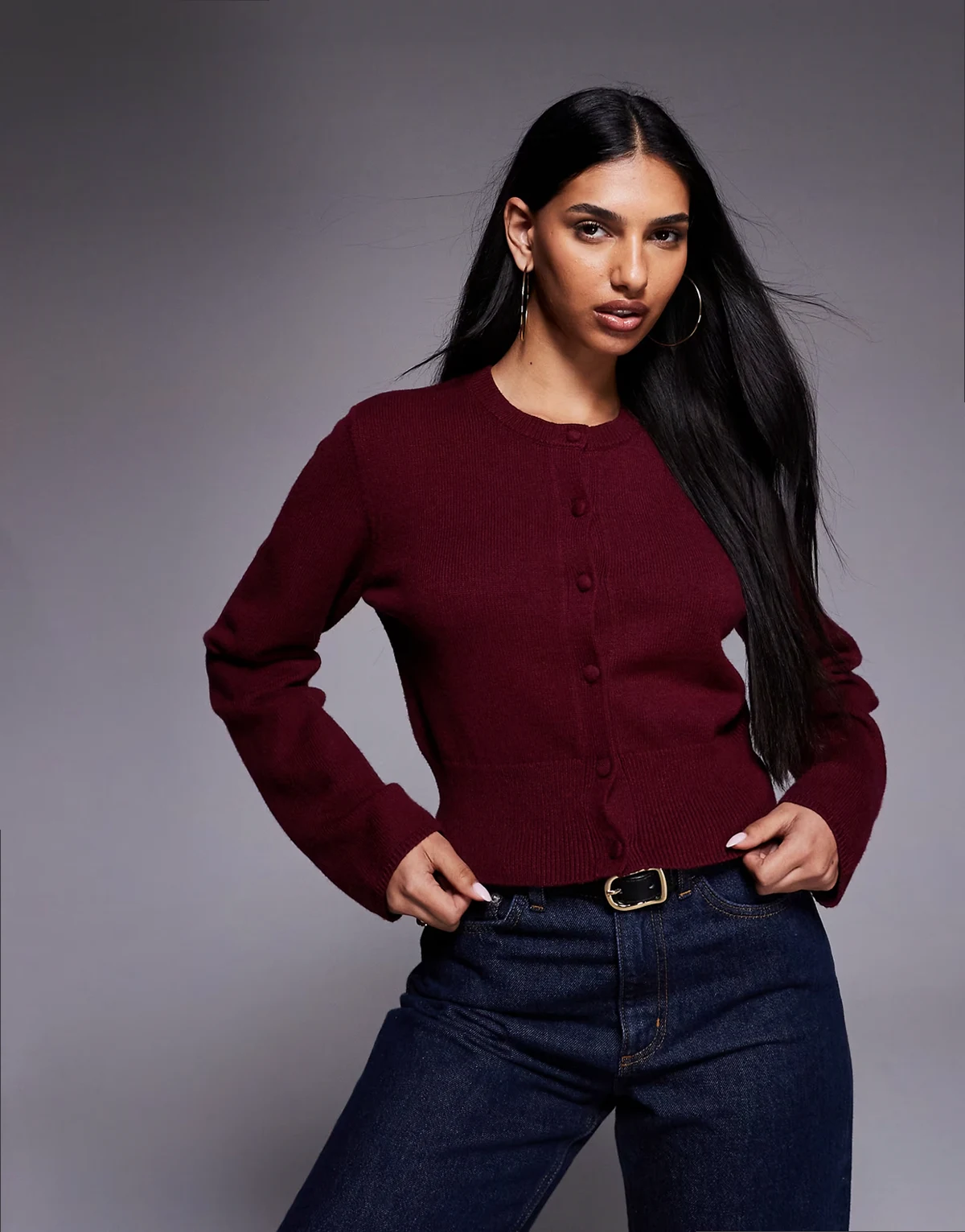 Exclusive ribbed structured waist button through cardigan in burgundy