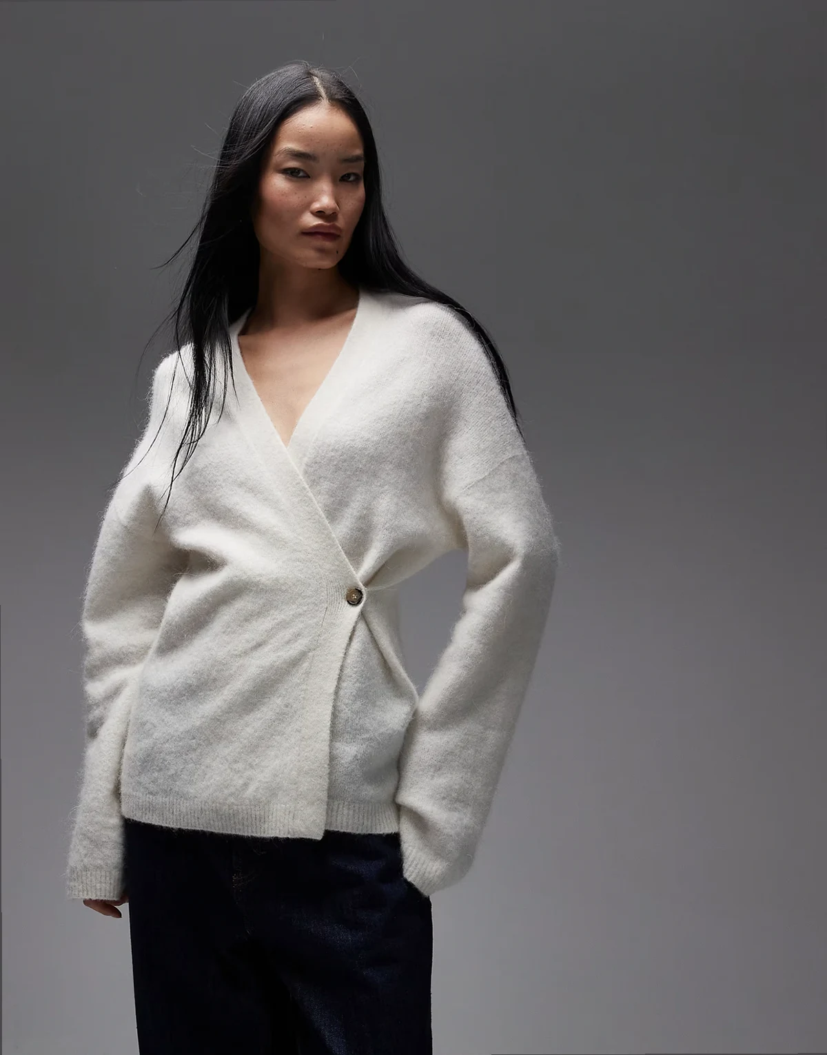 asymmetric fluffy wrap cardigan in off white