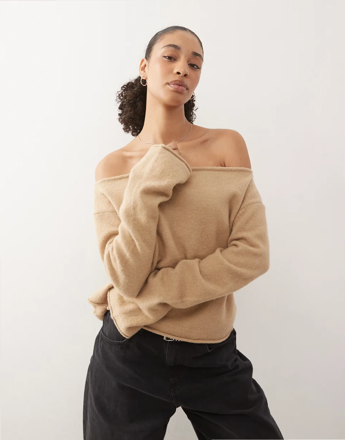 relaxed off shoulder knit sweater in beige