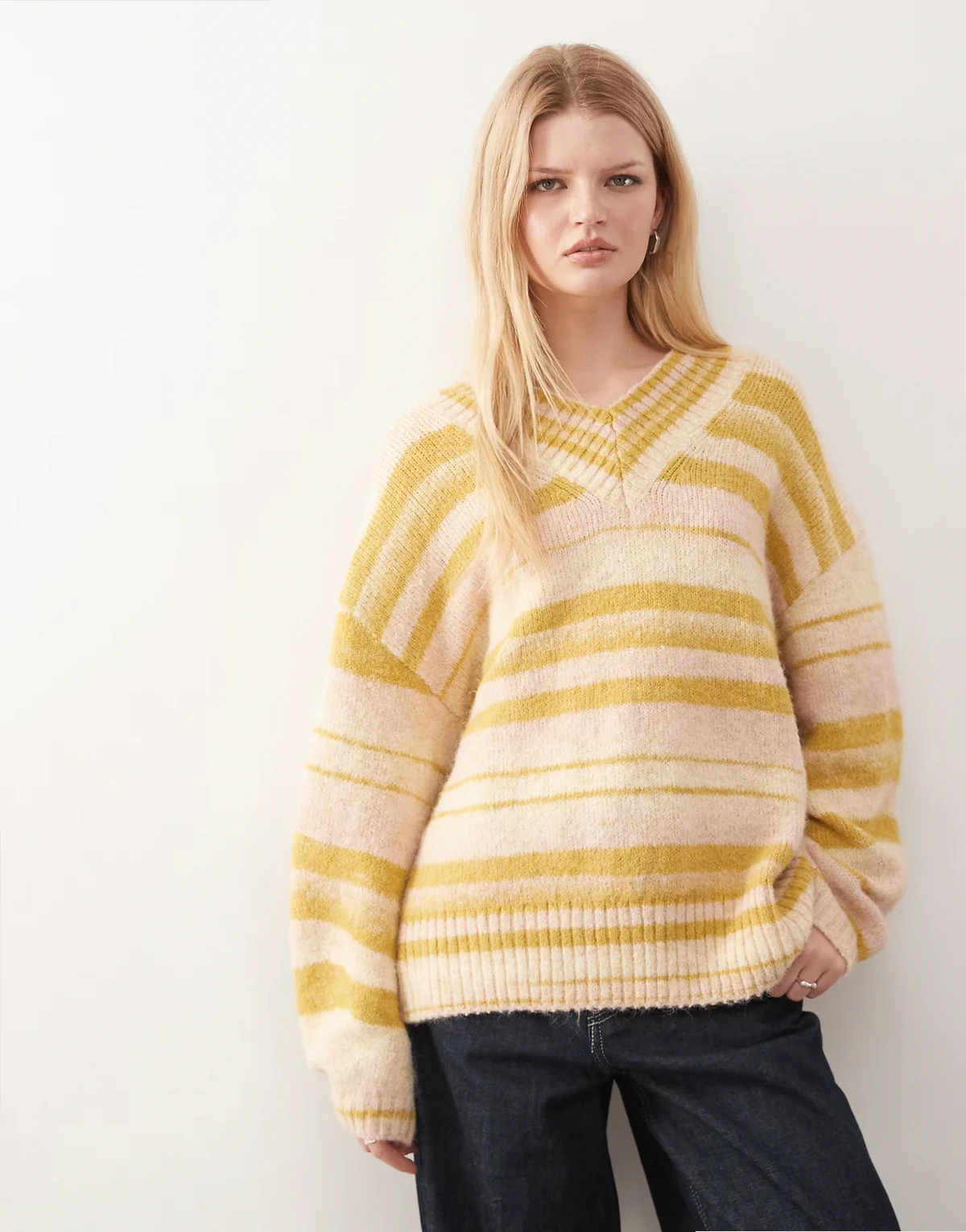 oversized v-neck sweater in yellow & beige stripes