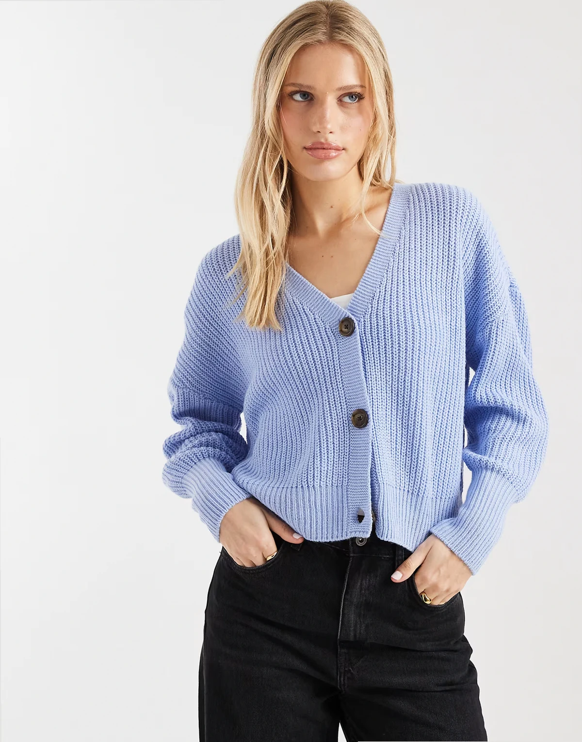 button up chunky rib knit cardigan in brunnera blue