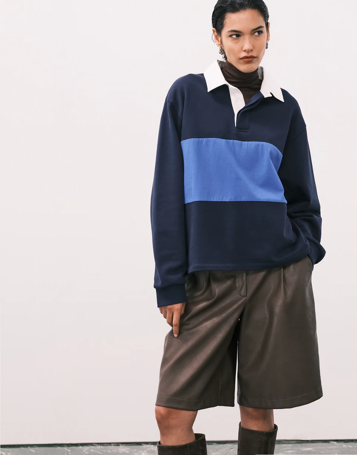 heavyweight rugby polo sweatshirt with blue stripe in navy