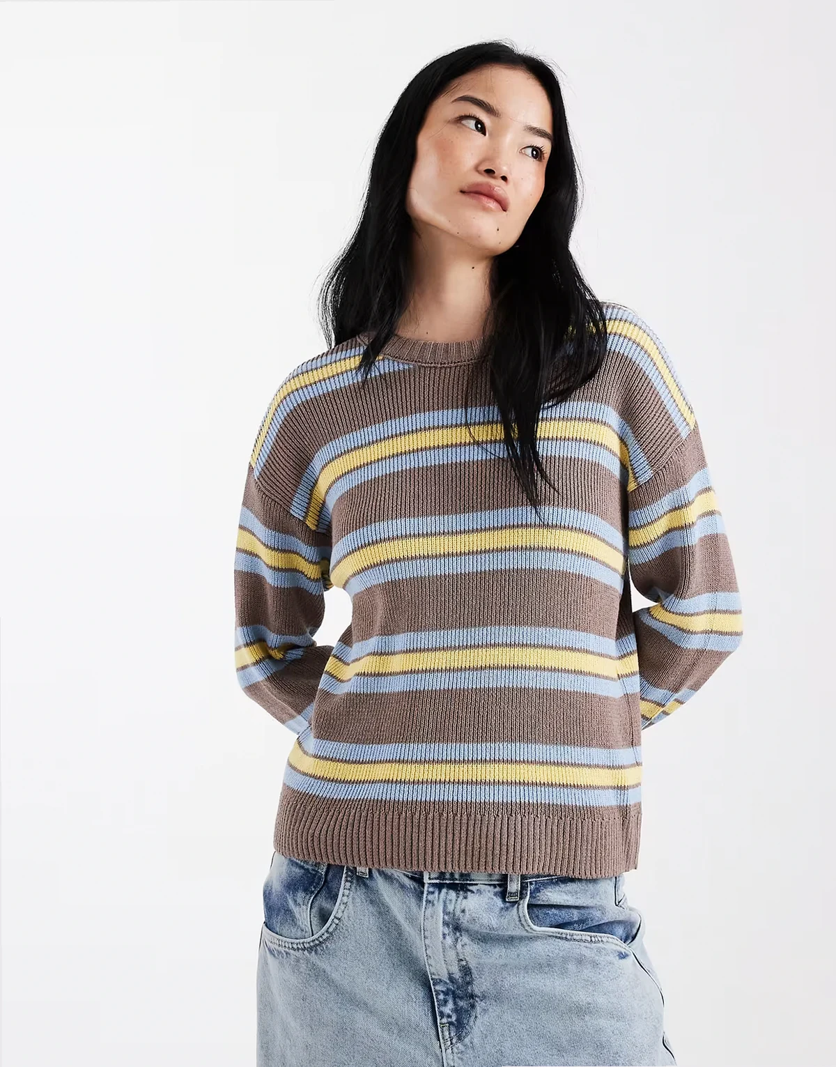 knit cotton blend sweater in multi stripes