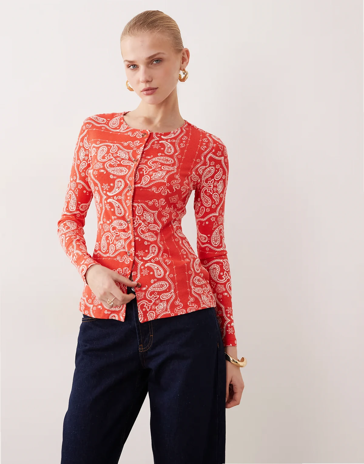 button up long sleeve top in red bandana print