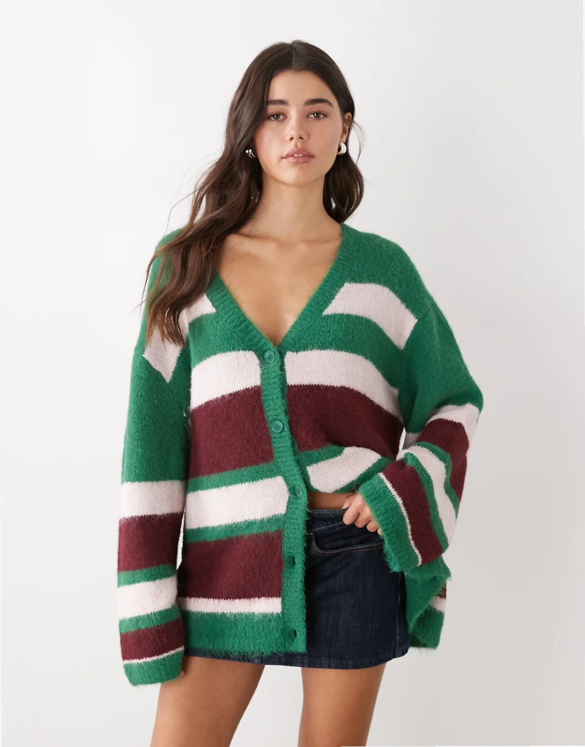 oversized cardigan in burgundy and pink stripes