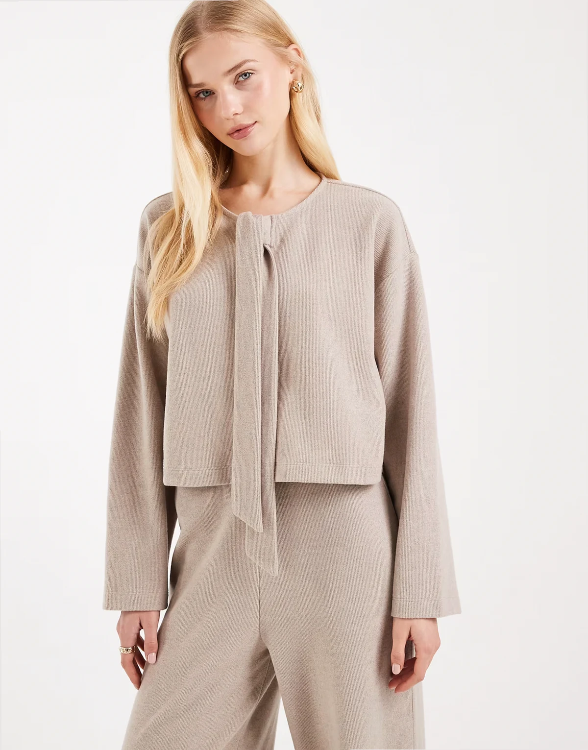 brushed cardigan with tie detail in oatmeal - part of a set