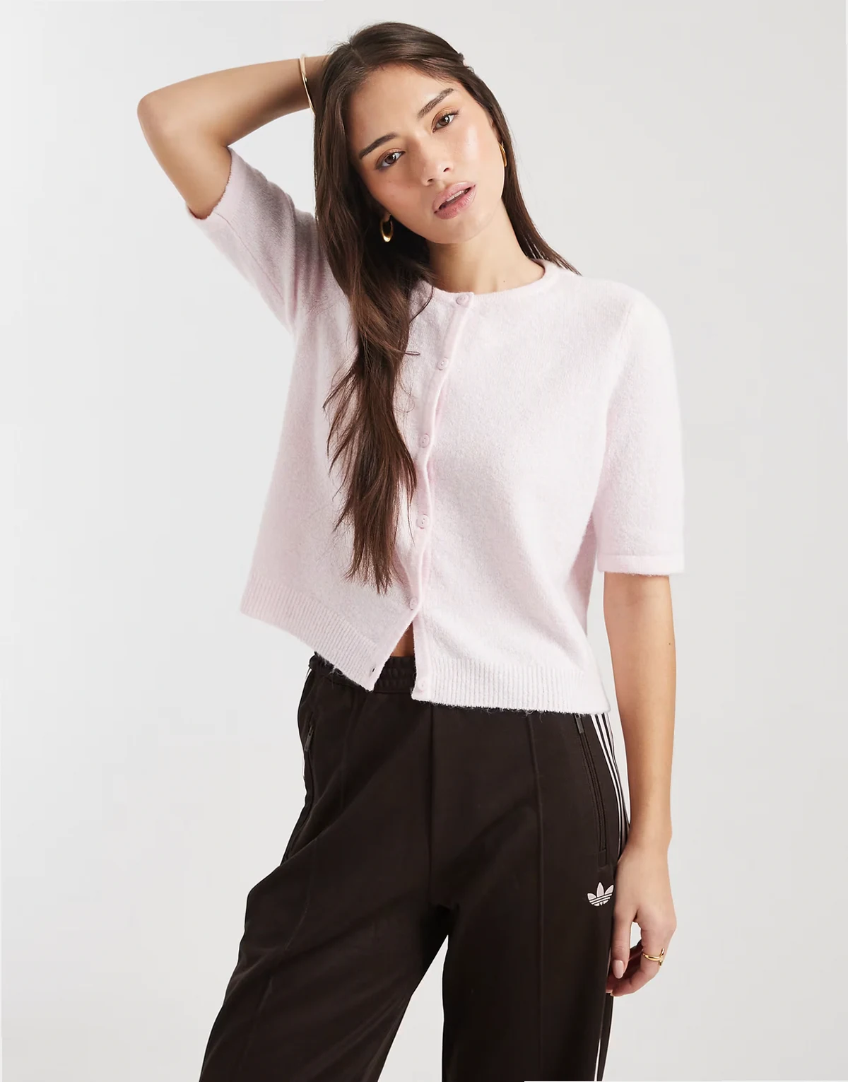 round neck knit short sleeve cardigan in pink-a-boo