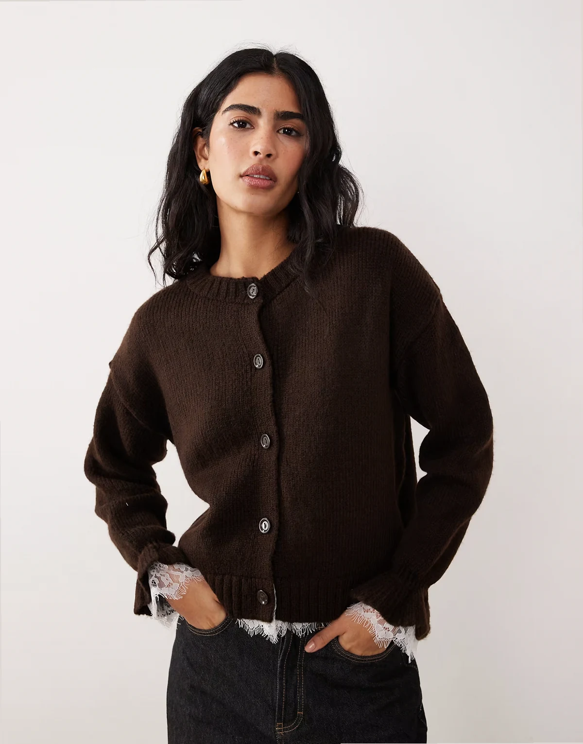 knit cardigan with lace inserts and buttons in brown