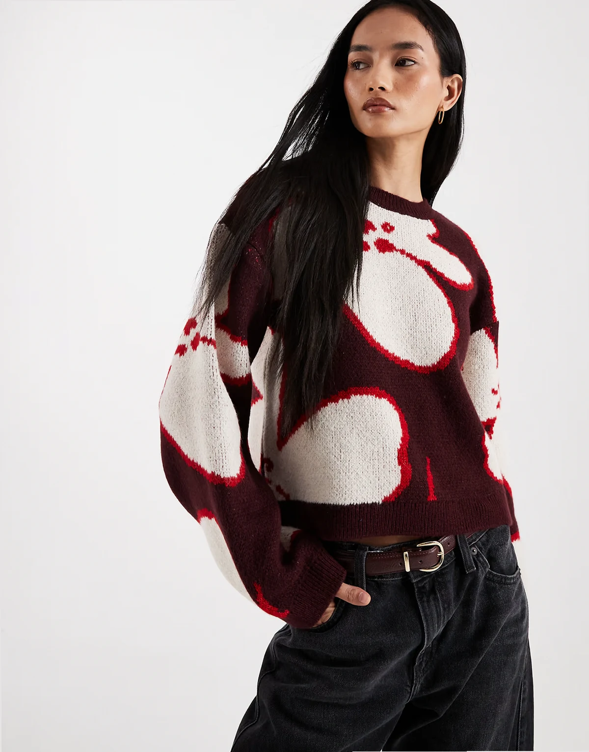 brushed knit floral sweater in plum