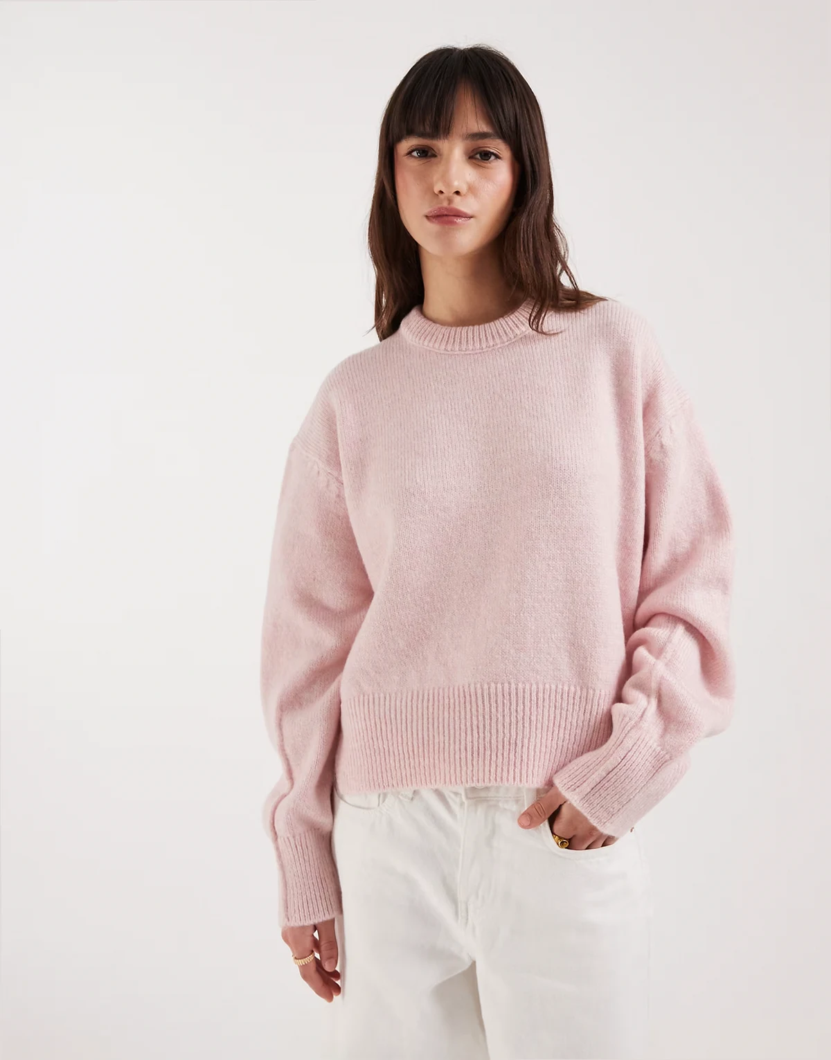boxy crew neck sweater with side slit detail in pale pink