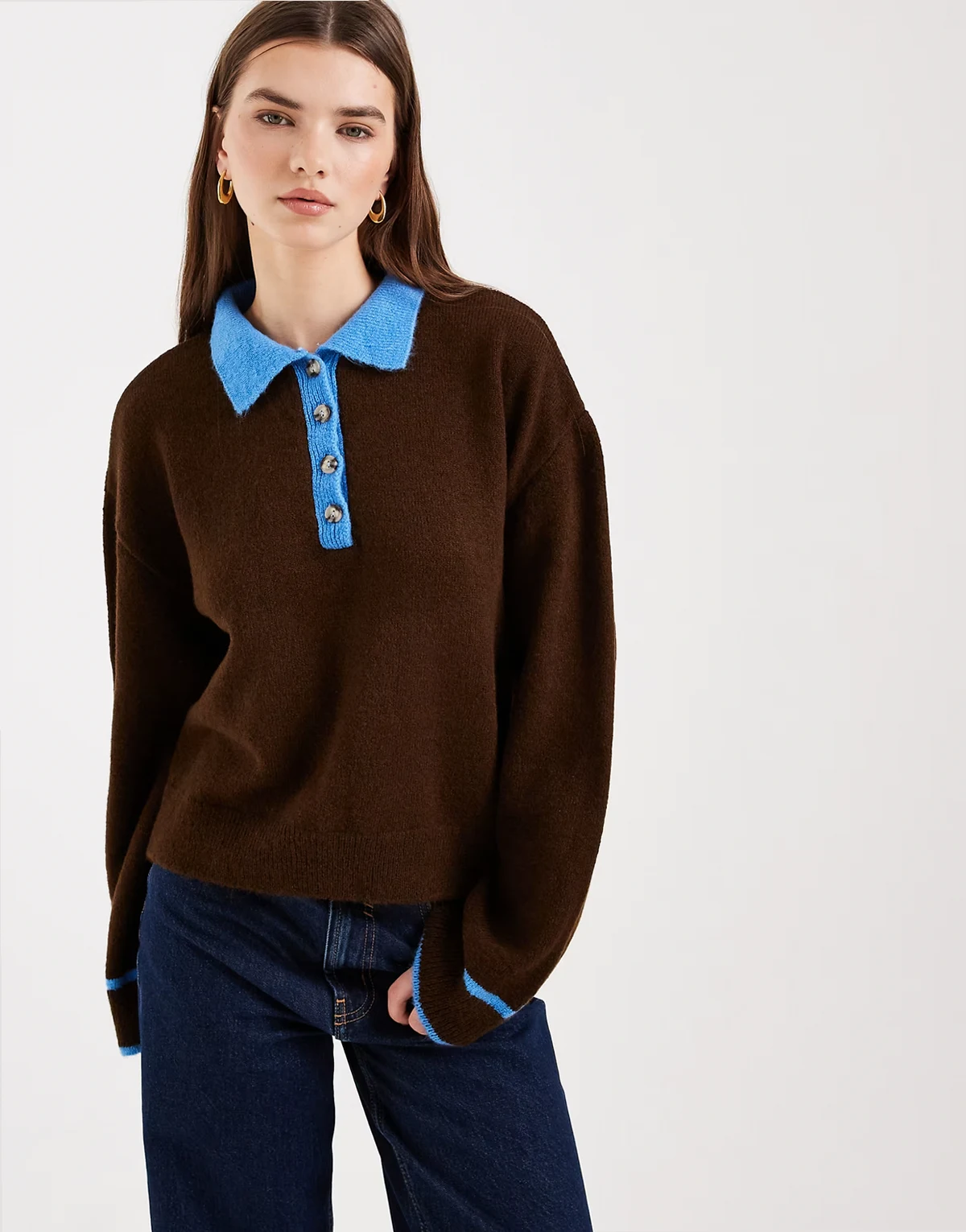 knit contrast collar rugby sweater in brown