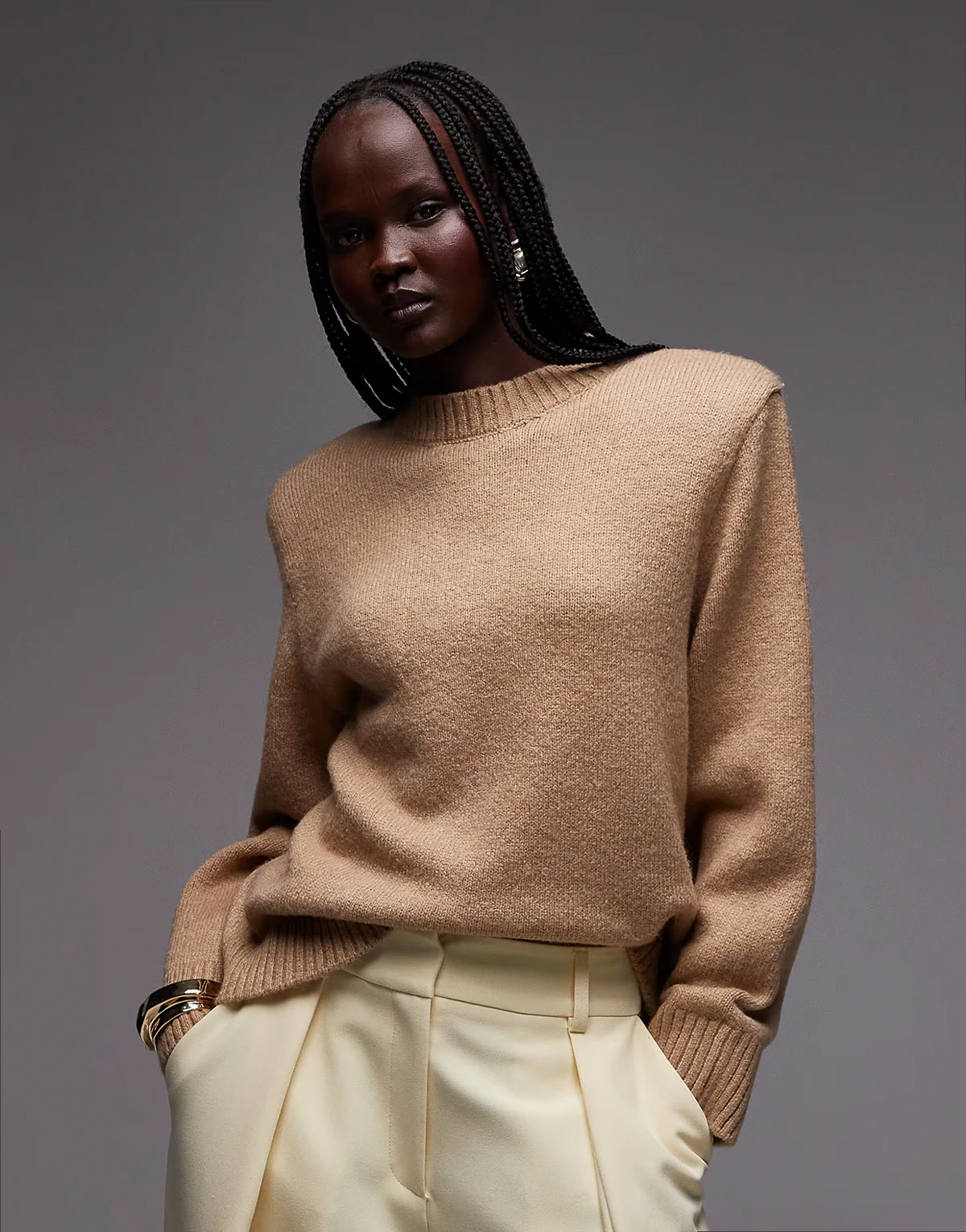 knit ultimate shoulder pads sweater in brown