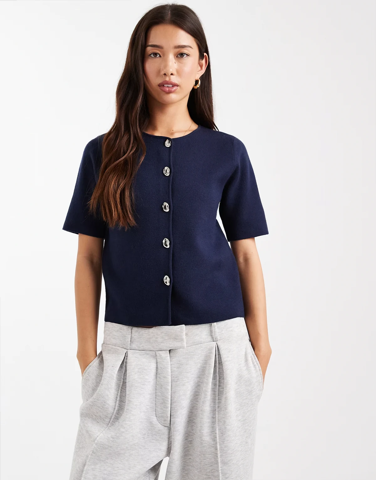 short sleeve compact knit cardigan with contrast buttons in navy