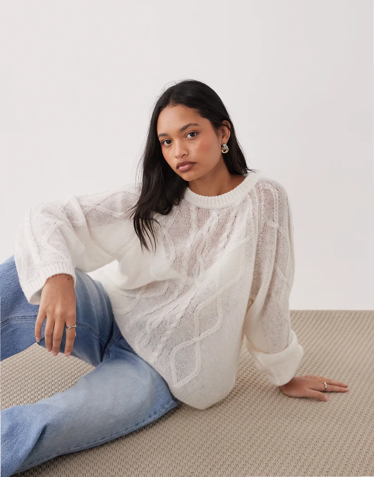 cable knit crew neck sweater in white