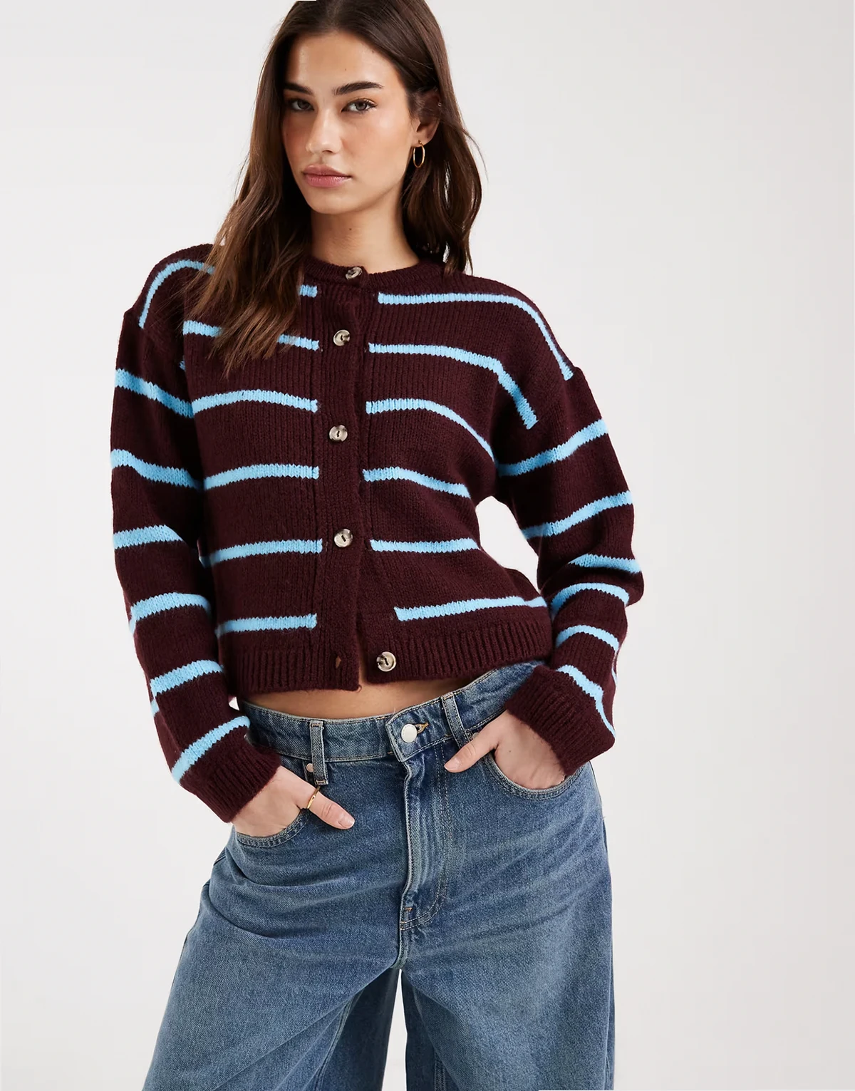 knit brushed cardigan in plum and blue