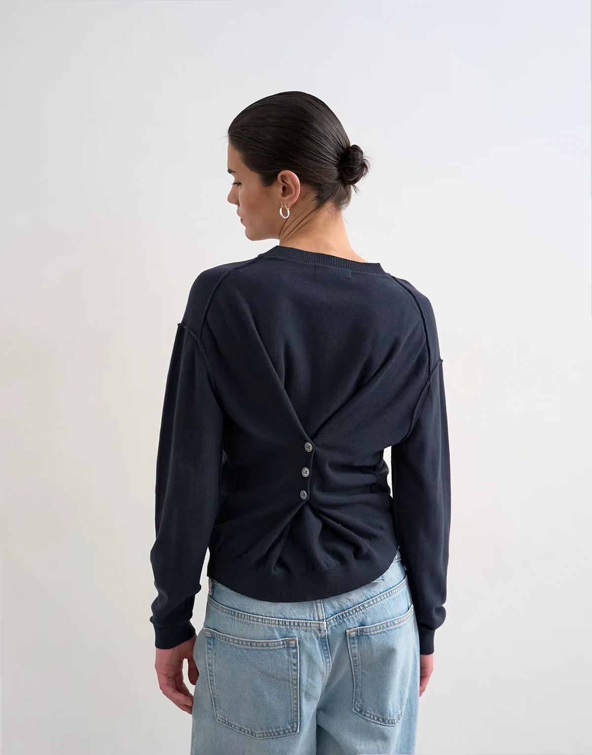 button back knit sweater in navy