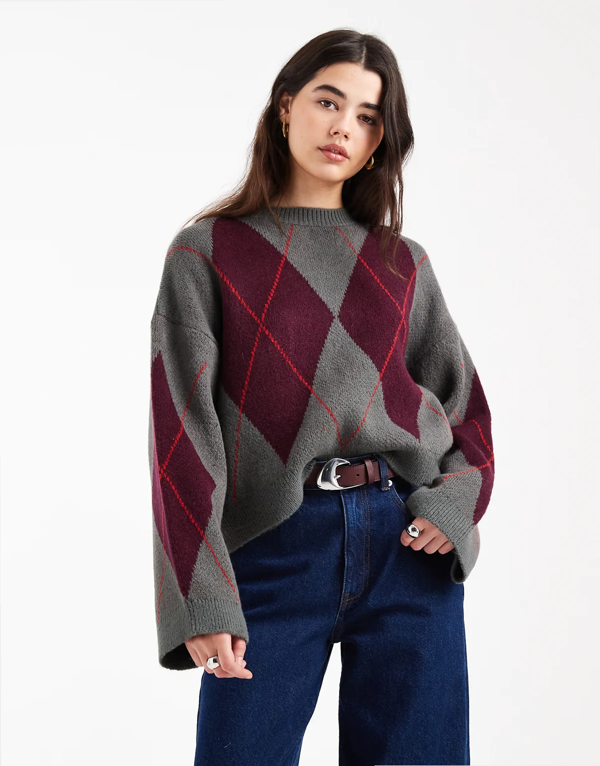 fluffy knit argyle sweater in gray