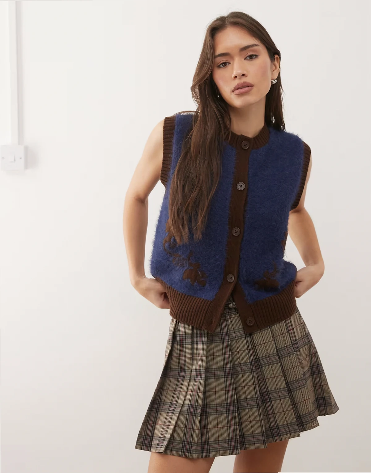 button through tank with floral print in navy and brown