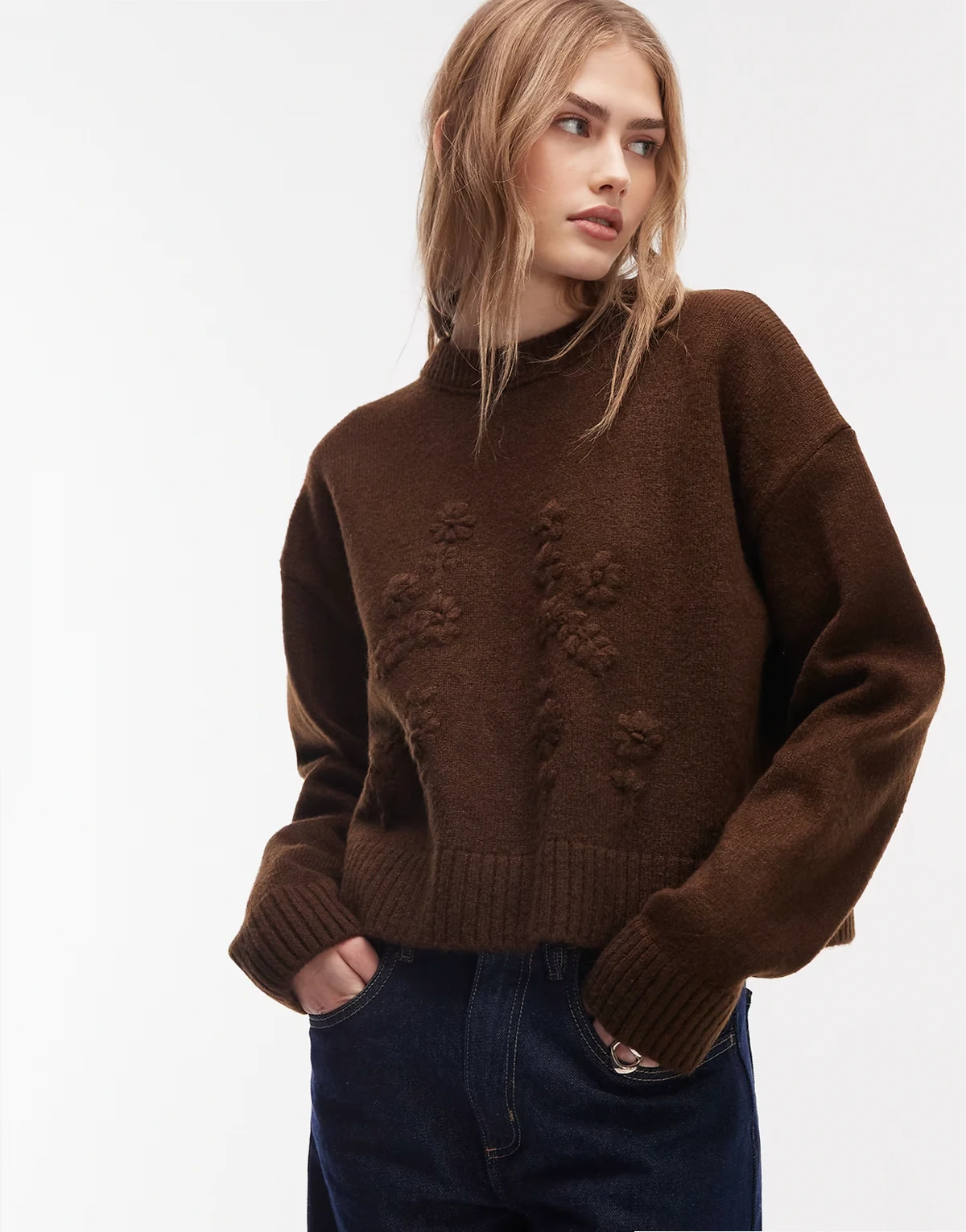 fluffy knit hand embroidered sweater in brown