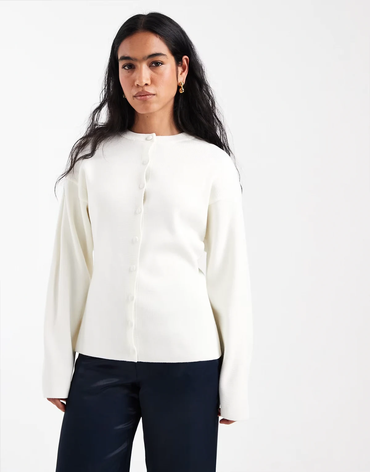 structured knit crew neck cardigan with covered buttons in cream